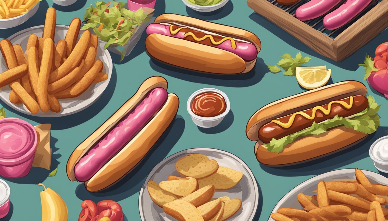 A grill with sizzling pink hot dogs, surrounded by condiments and buns on a picnic table