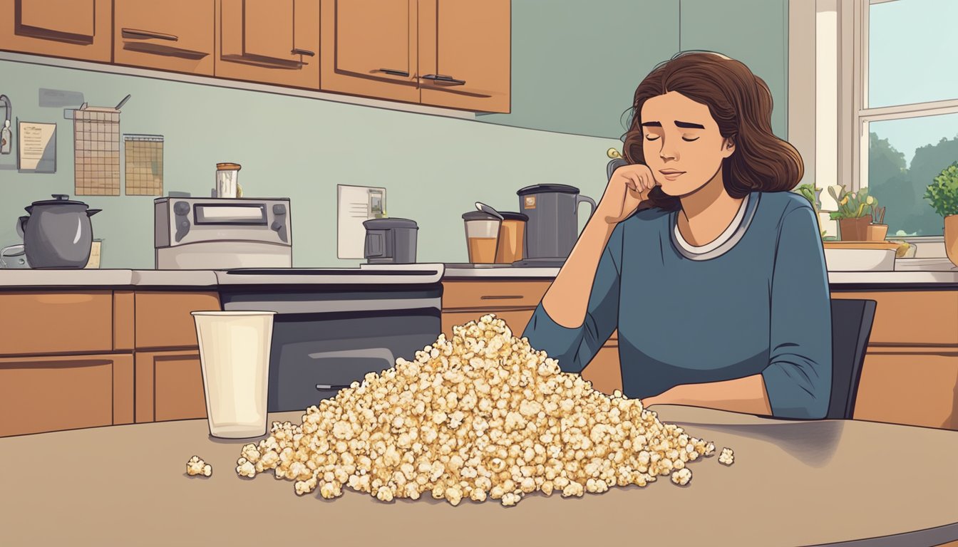 A bowl of expired popcorn sits on a kitchen counter, surrounded by a calendar showing the date it expired and a concerned expression on a person's face