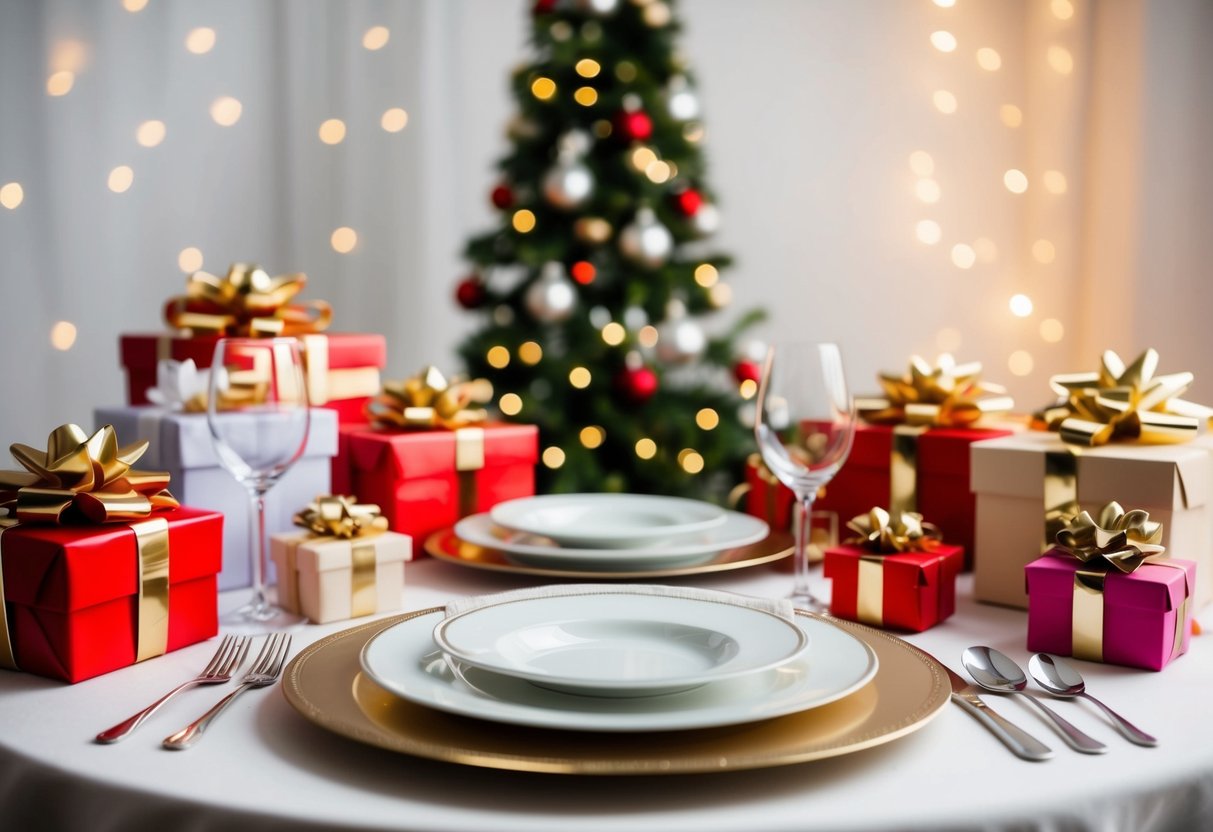 A table set with elegant dinnerware, surrounded by wrapped gifts and flowers, with soft lighting in the background