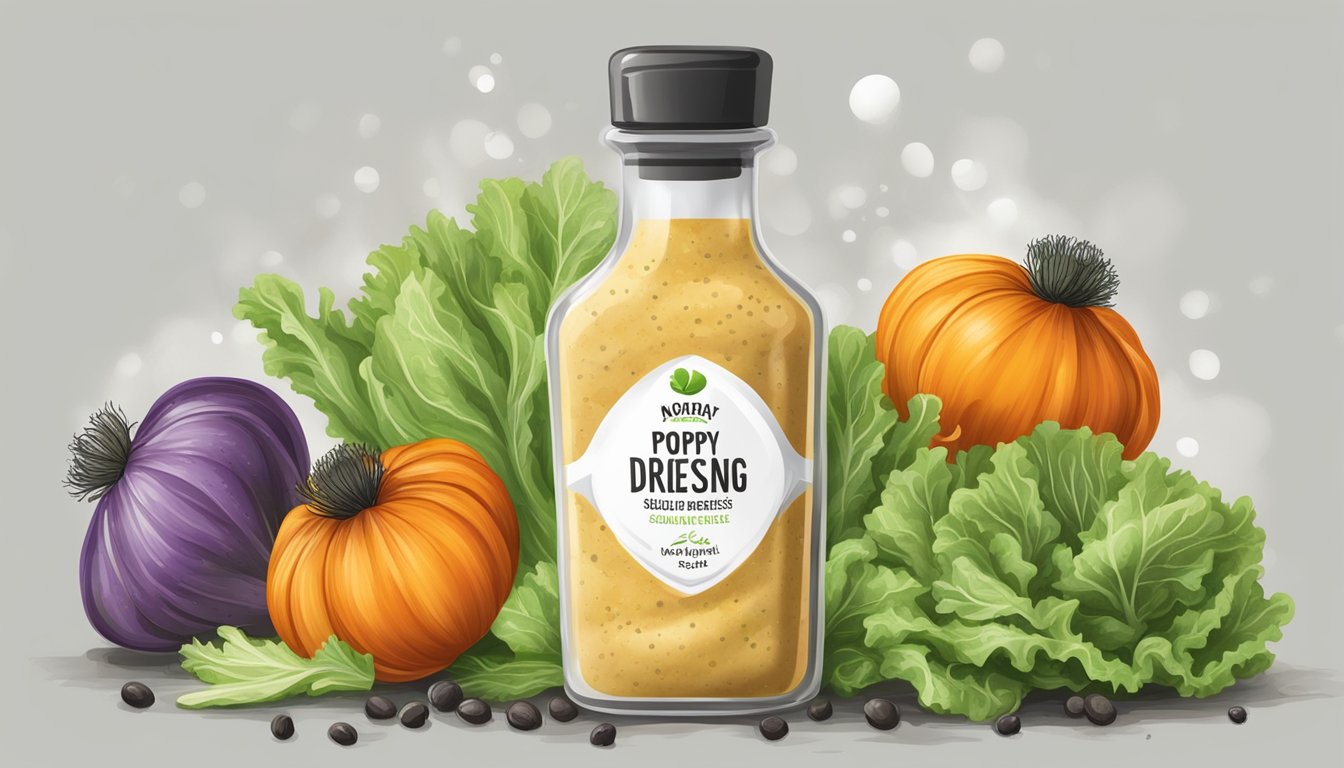 A bottle of poppy seed dressing with a cloudy appearance and a pungent smell, surrounded by wilted lettuce and moldy vegetables