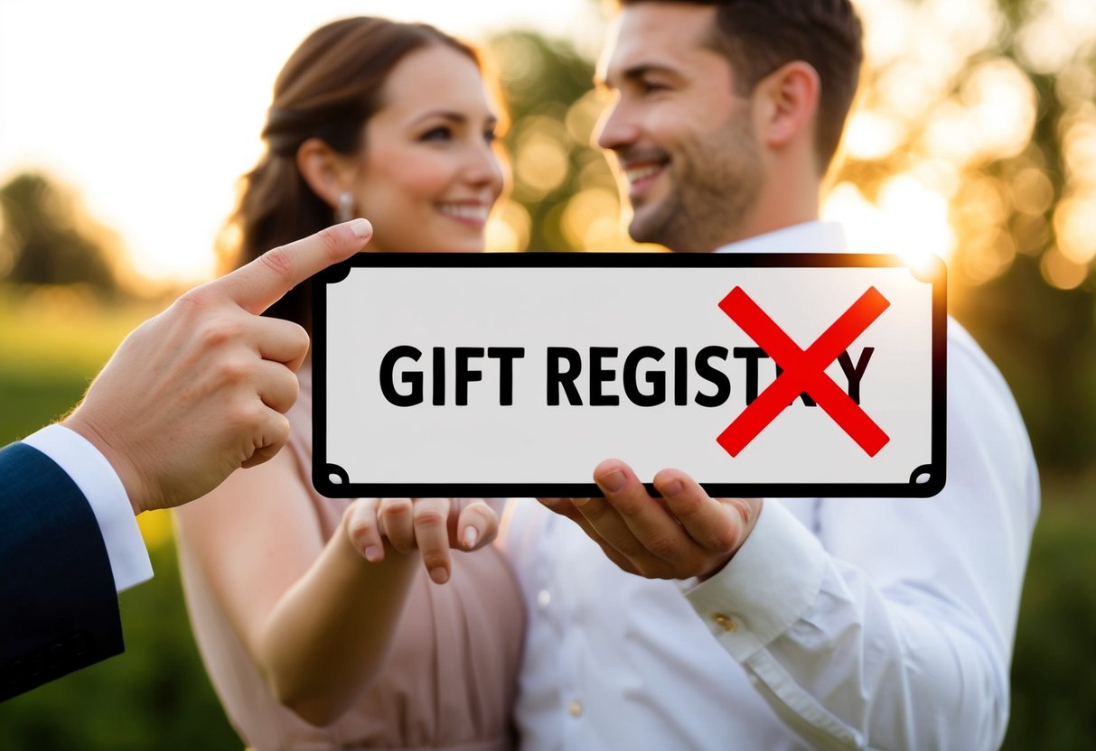 A couple gesturing towards a sign with a crossed-out gift registry symbol