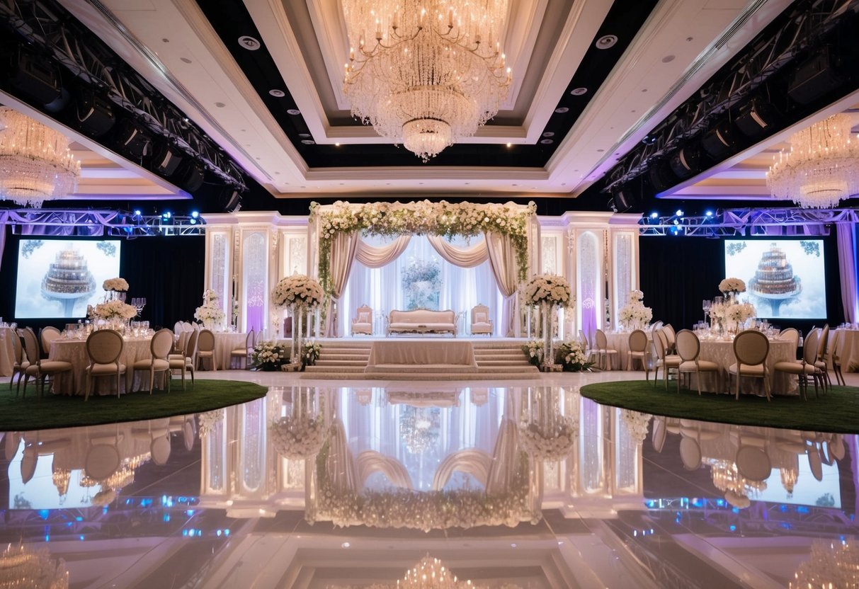 A lavish wedding reception with a grand stage and elaborate decorations, surrounded by opulent entertainment options and luxurious post-wedding plans