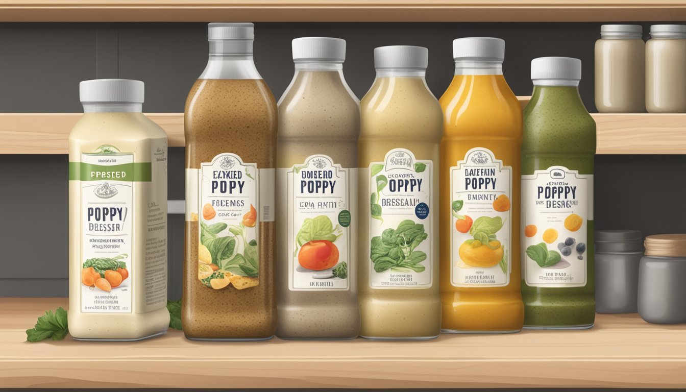 A bottle of expired poppy seed dressing sits on a pantry shelf next to other condiments. The label is faded and the liquid inside appears separated