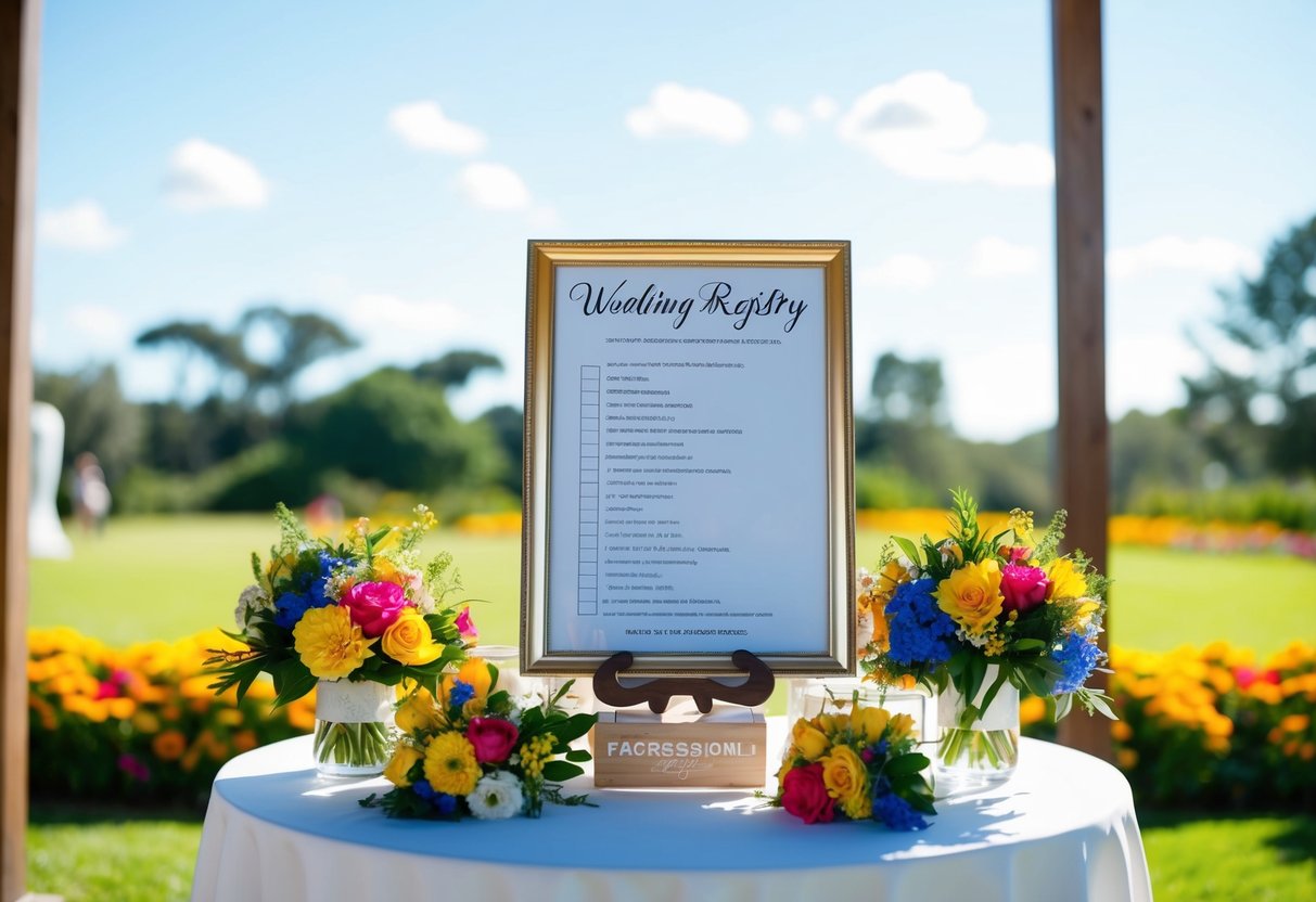 A sunny outdoor setting with a table displaying a wedding registry, surrounded by colorful flowers and decorations