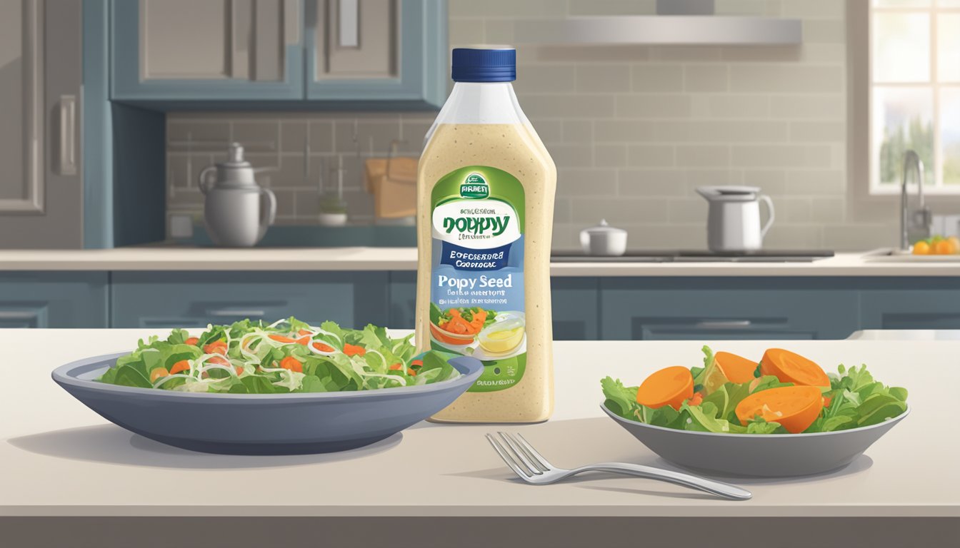 A bottle of expired poppy seed dressing sits on a kitchen counter, with a visible expiration date. A salad bowl and fork are nearby