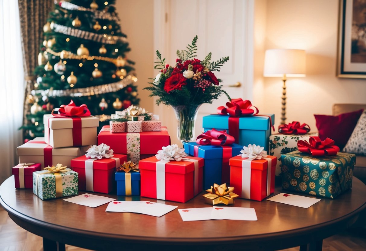 A table adorned with various gifts, including wrapped boxes, flowers, and cards, sits in a well-decorated room
