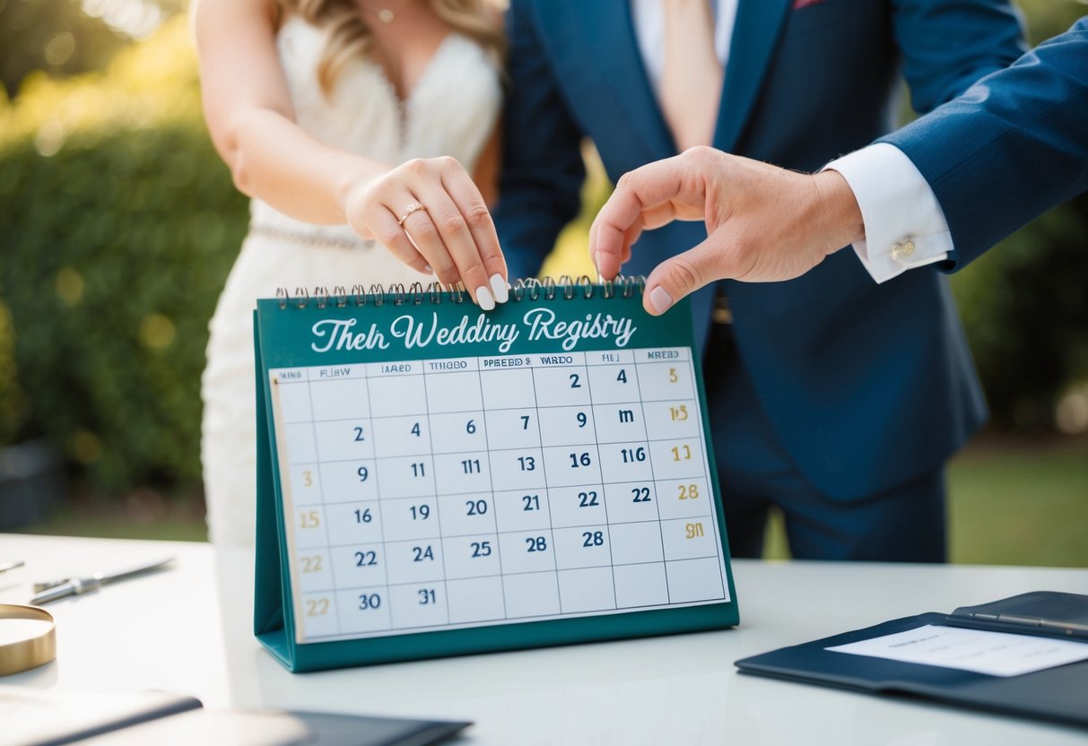 A couple placing their wedding registry information on a calendar, deciding on the perfect date to share it with their guests