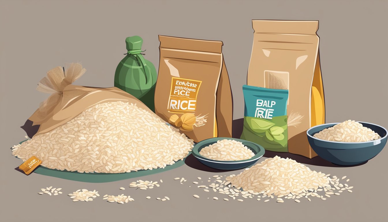 A bag of expired rice with various types scattered on a kitchen counter