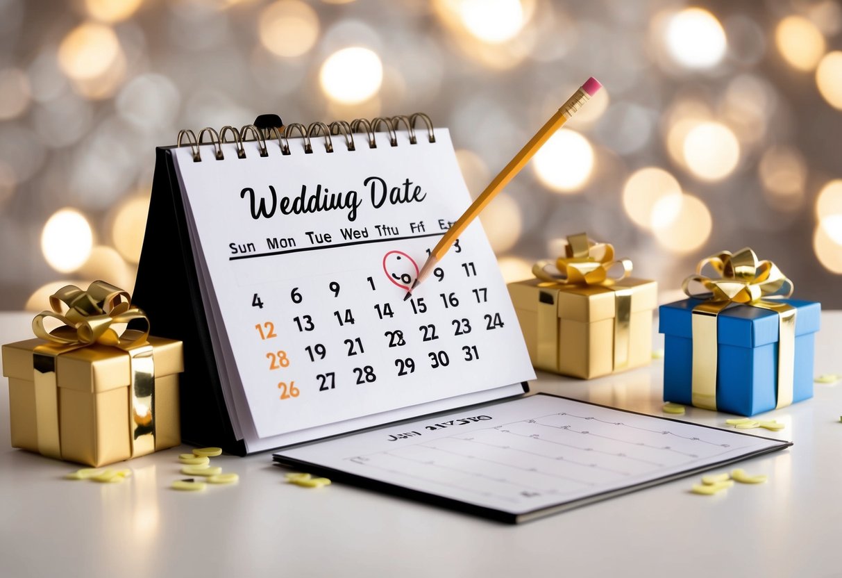 A calendar with a wedding date circled, surrounded by gifts and a pencil hovering over a blank space