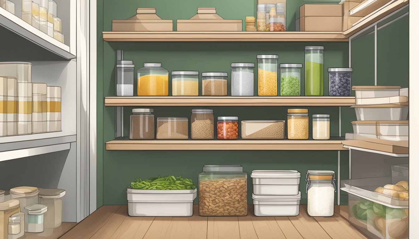 A pantry shelf with expired rice paper packaging next to fresh ingredients and a box of storage containers