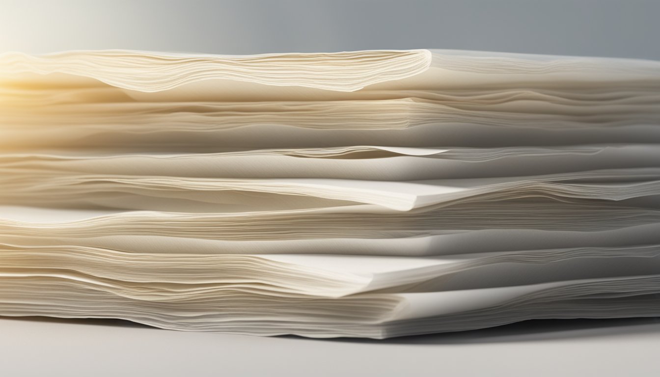 A stack of rice paper sheets with visible signs of discoloration and mold growth