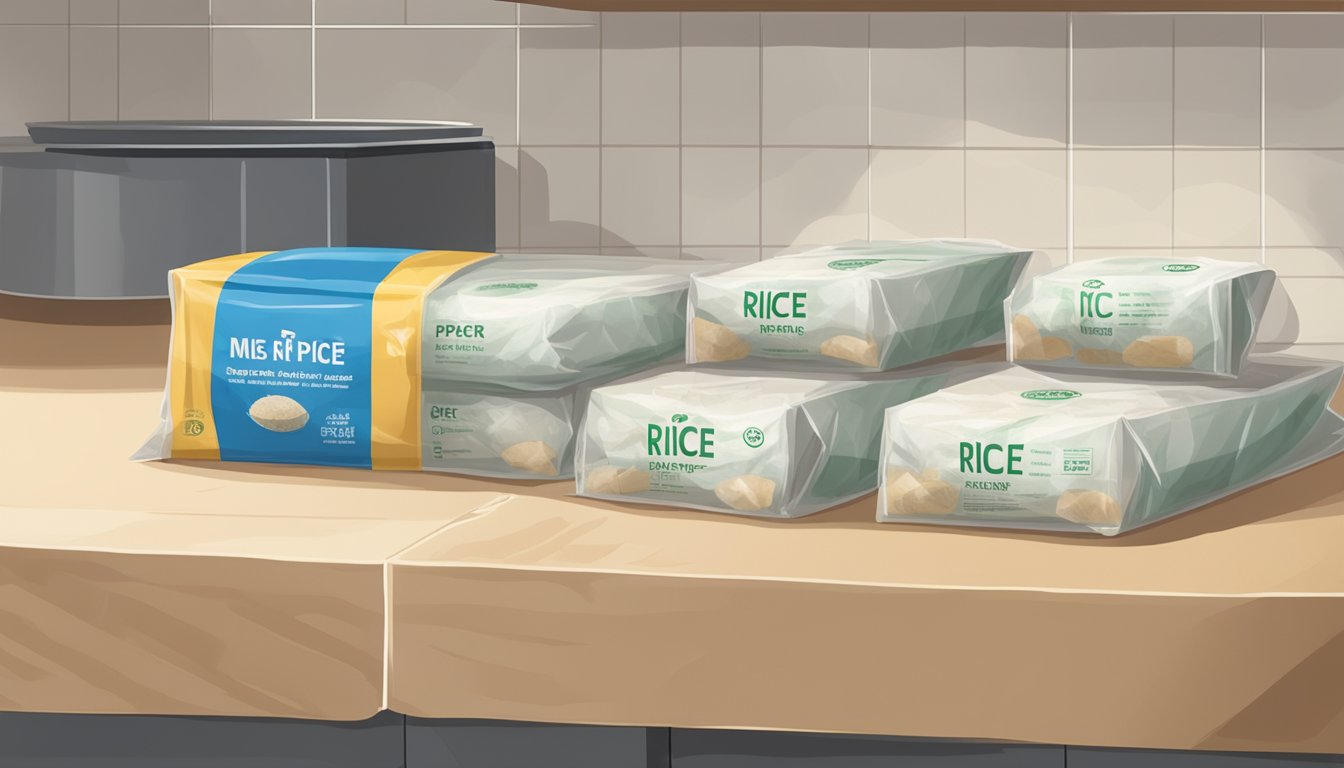 A package of expired rice paper with visible signs of deterioration, sitting on a shelf in a kitchen pantry