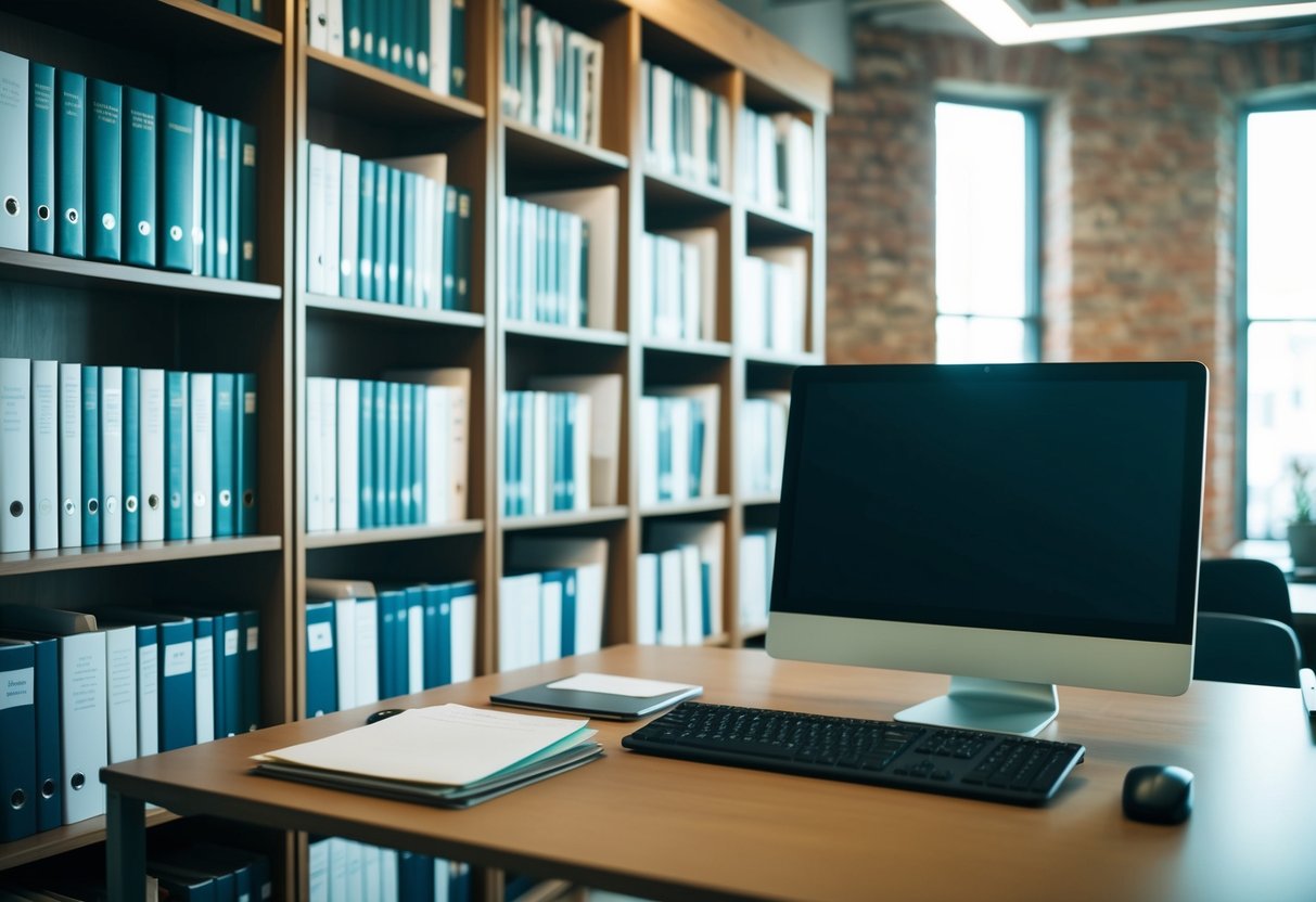 A large bookshelf with labeled sections and a computer terminal with files and folders