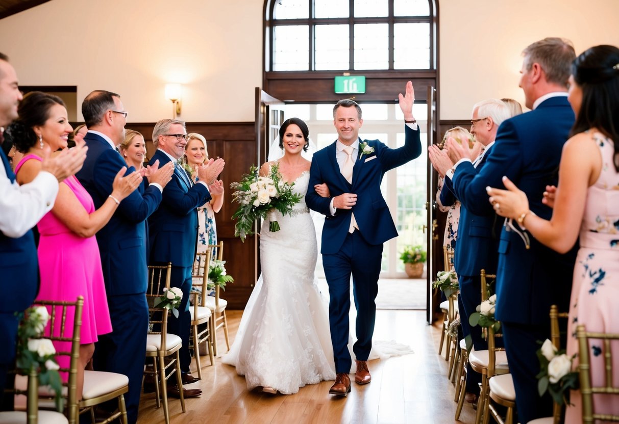 The bride and groom enter the reception hall, greeted by applause and cheers from the guests
