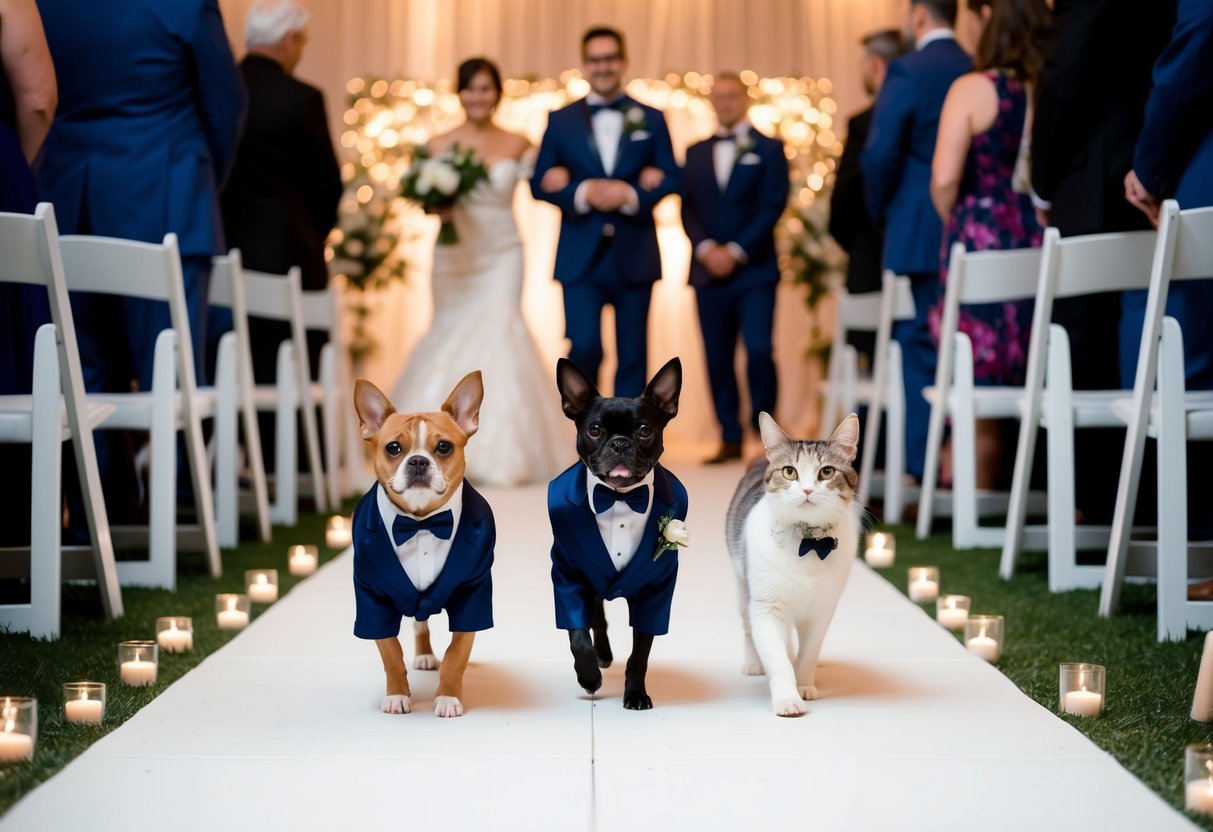 A couple's pet dog and cat are announced first at the wedding reception, wearing tiny tuxedos and walking down the aisle together