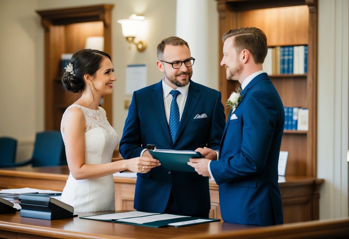A couple stands at a registrar's office, discussing their wedding plans with the official
