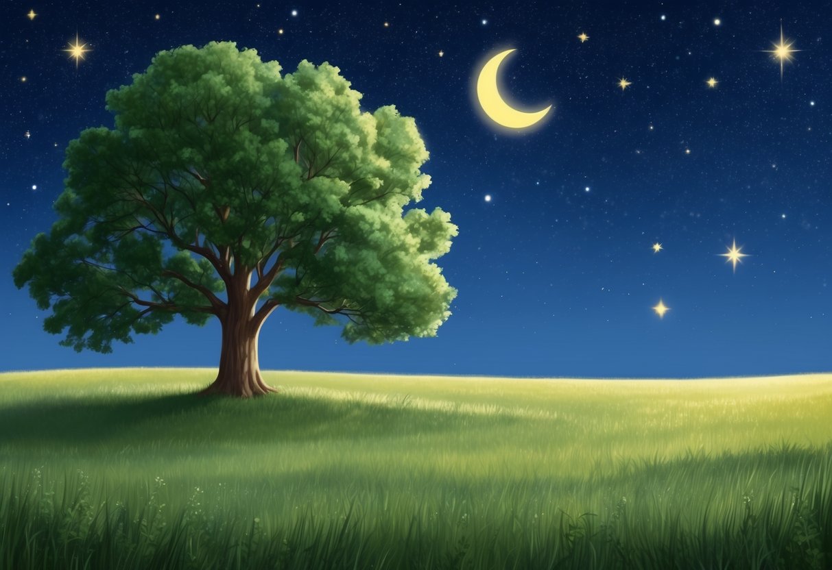 A serene, starlit night with a tranquil meadow and a sturdy oak tree, symbolizing the stable and grounded connection between Taurus and Capricorn