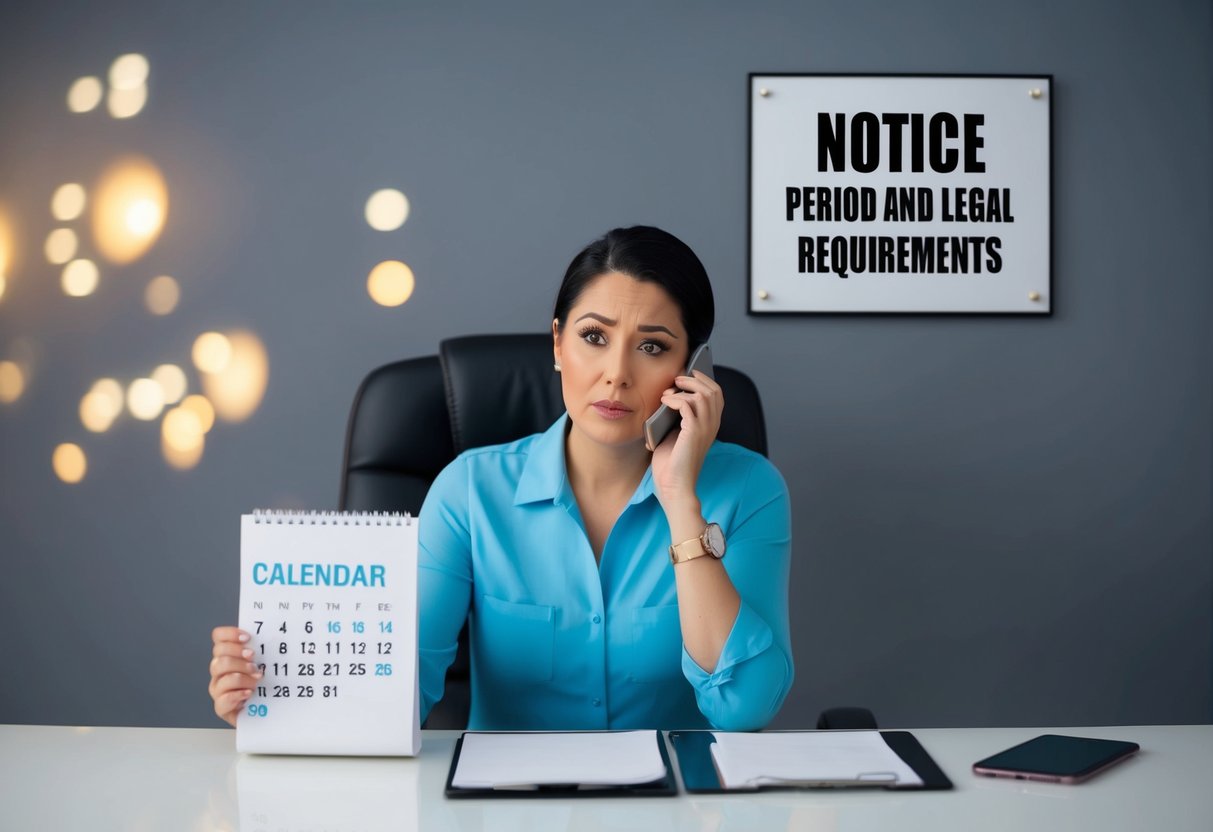 A person sitting at a desk, holding a calendar and a phone, with a concerned expression. A sign on the wall reads "Notice Period and Legal Requirements."