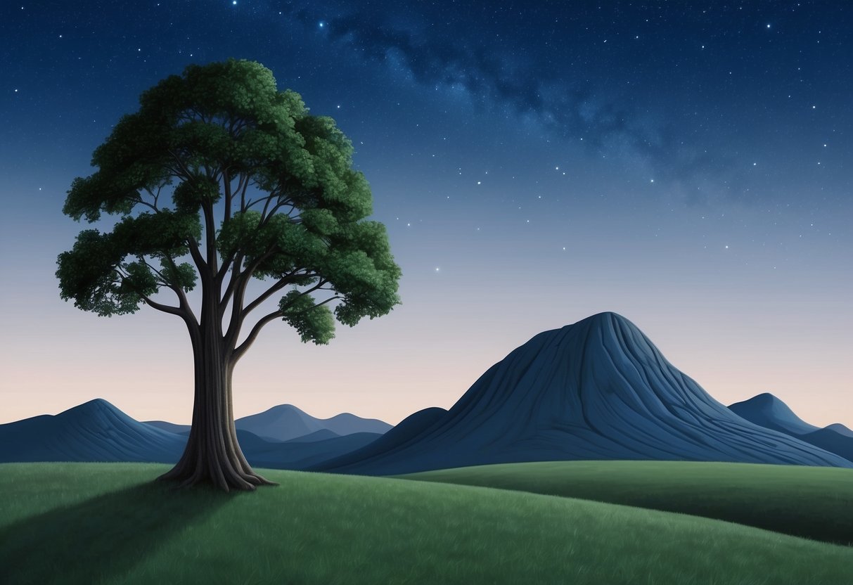 A serene landscape with a sturdy oak tree standing next to a resilient mountain, under a clear starry night sky