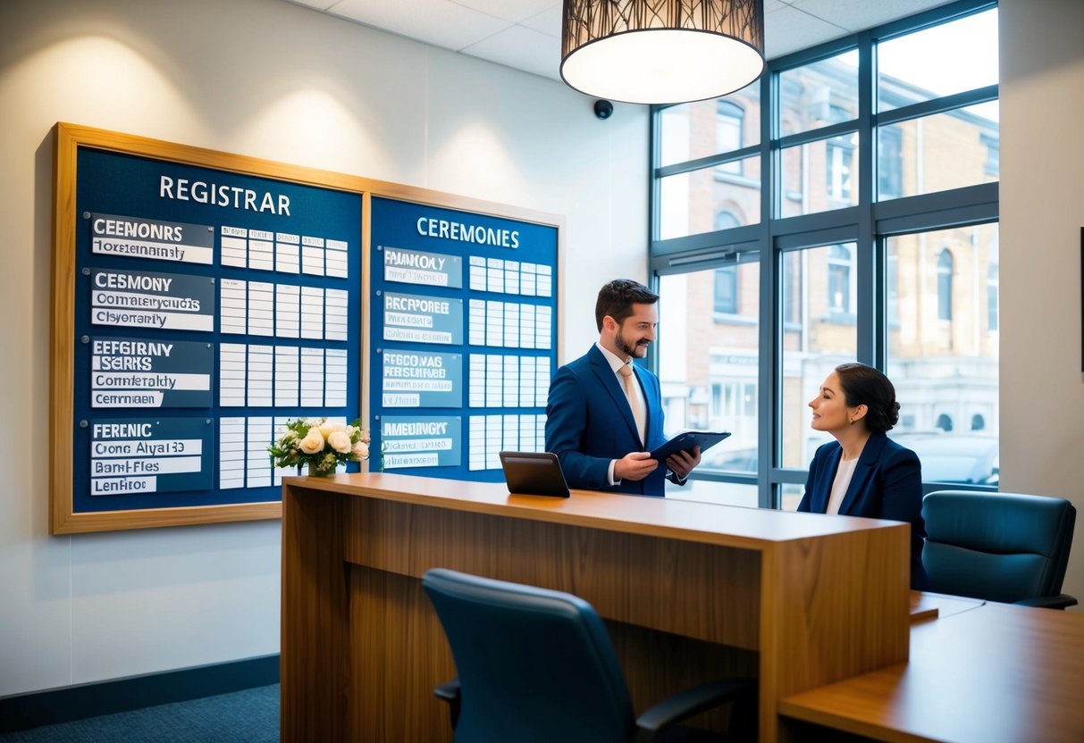 A registrar's office with different types of ceremonies listed on a board, with a person inquiring about booking