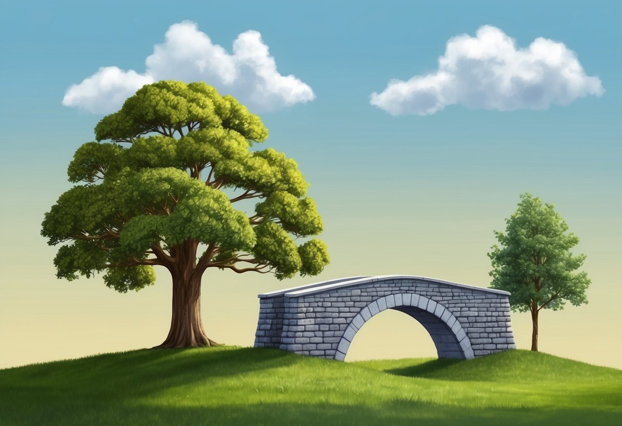 A sturdy oak tree and a reliable stone bridge stand side by side, symbolizing the stable and enduring partnership dynamics of Taurus and Capricorn