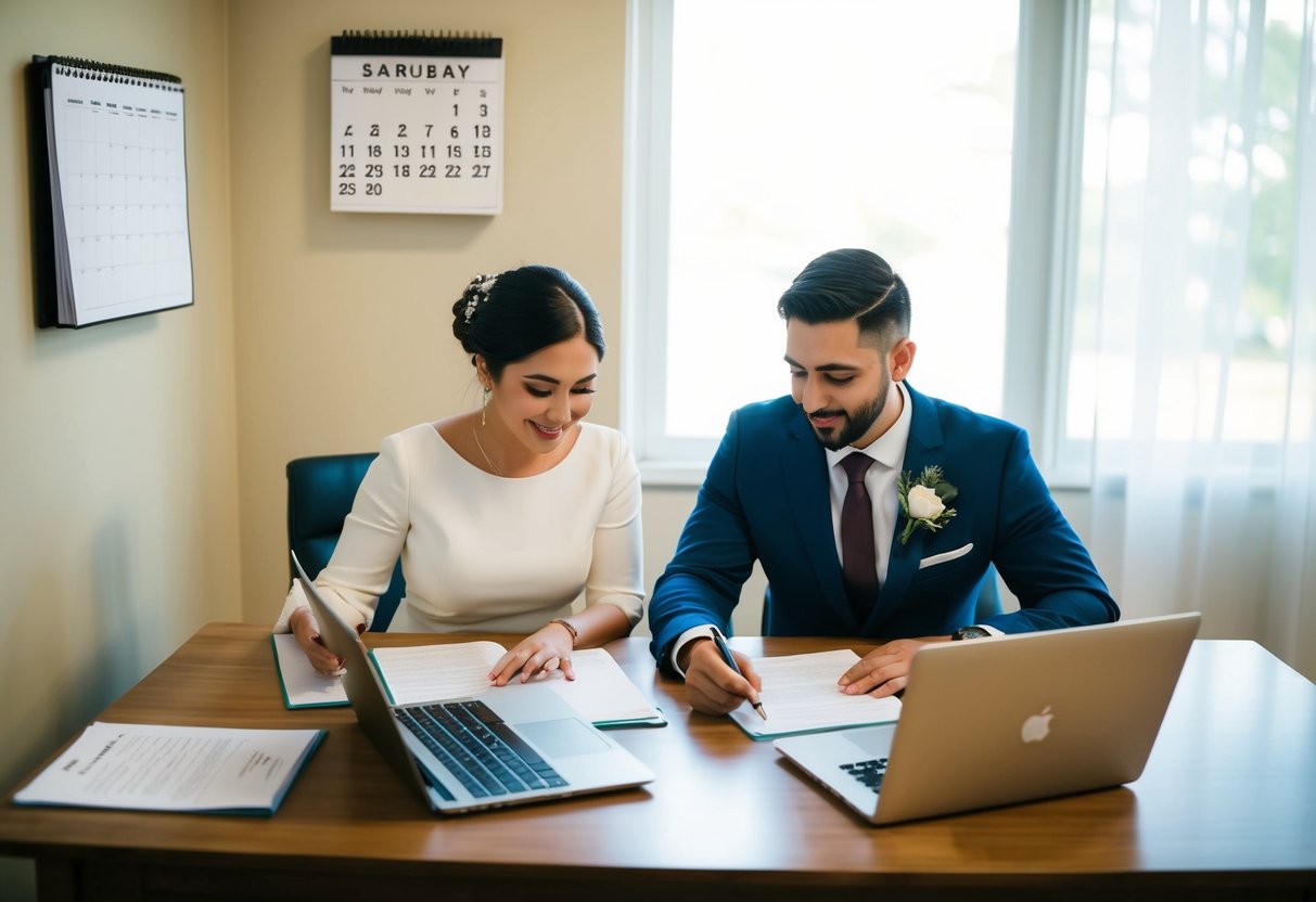 A couple sits at a desk, filling out paperwork. A calendar on the wall shows the date of the upcoming wedding. A laptop is open, showing a website for booking a registrar