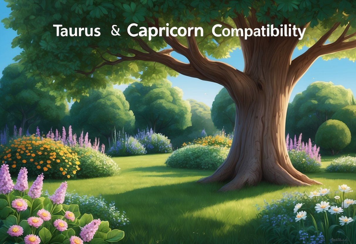 A serene garden with blooming flowers and a sturdy oak tree, symbolizing the grounded and sensual nature of Taurus and Capricorn compatibility