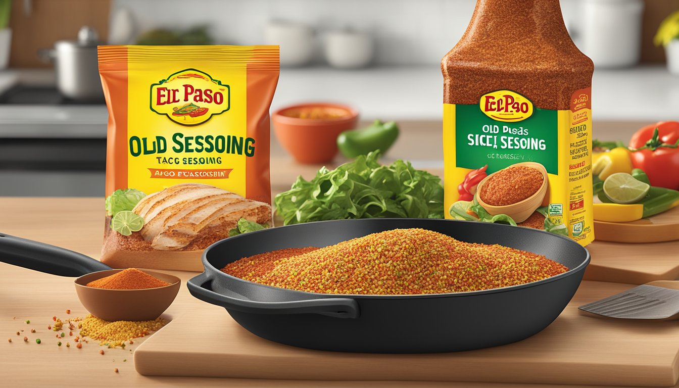 A colorful packet of Old El Paso taco seasoning sits on a kitchen counter next to a raw chicken breast and a sizzling skillet