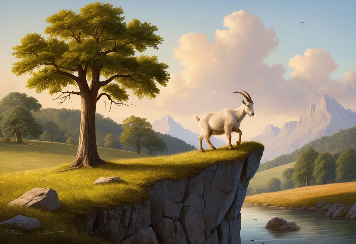 A serene countryside landscape with a sturdy oak tree and a determined mountain goat scaling a rocky cliff