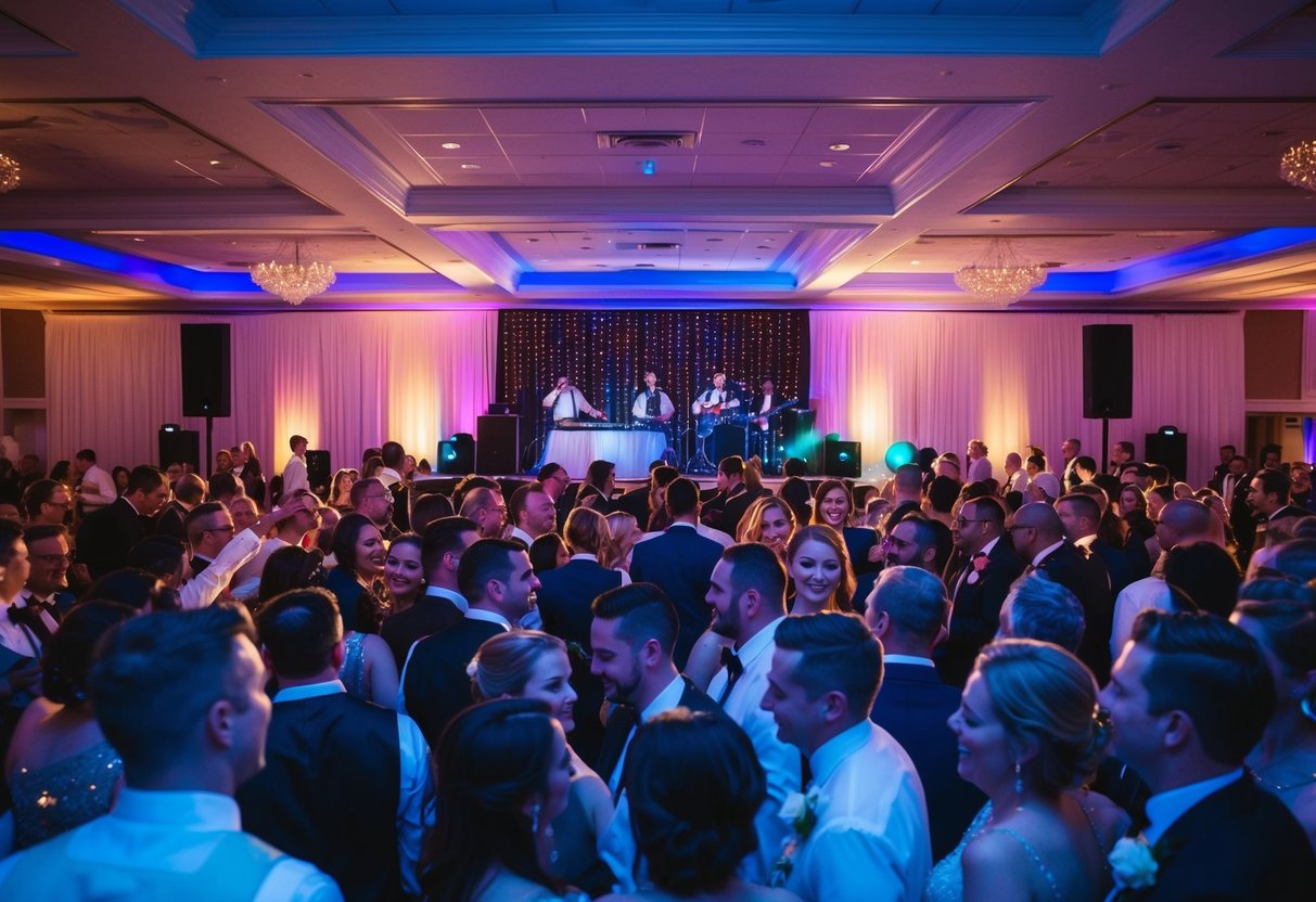 A crowded dance floor at a wedding reception, with a DJ or band performing on a stage, surrounded by colorful lights and decorations