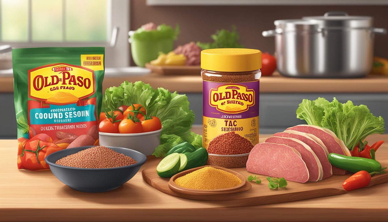 A colorful kitchen counter with a packet of Old El Paso Taco Seasoning next to a bowl of uncooked ground meat and various fresh vegetables