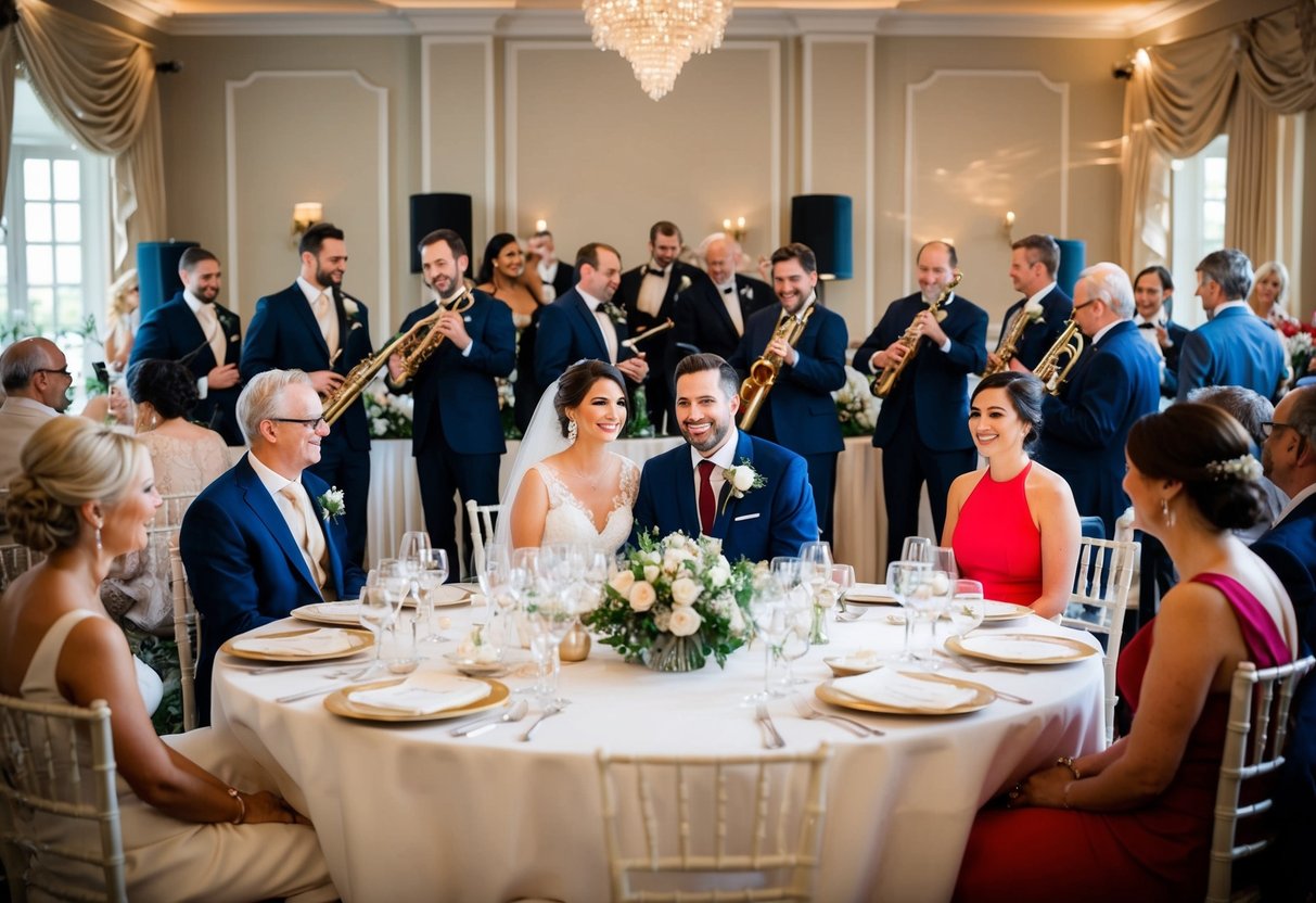 A bride and groom sit at a beautifully decorated table, surrounded by family and friends. A live band plays soft, romantic music in the background as guests mingle and enjoy the celebration