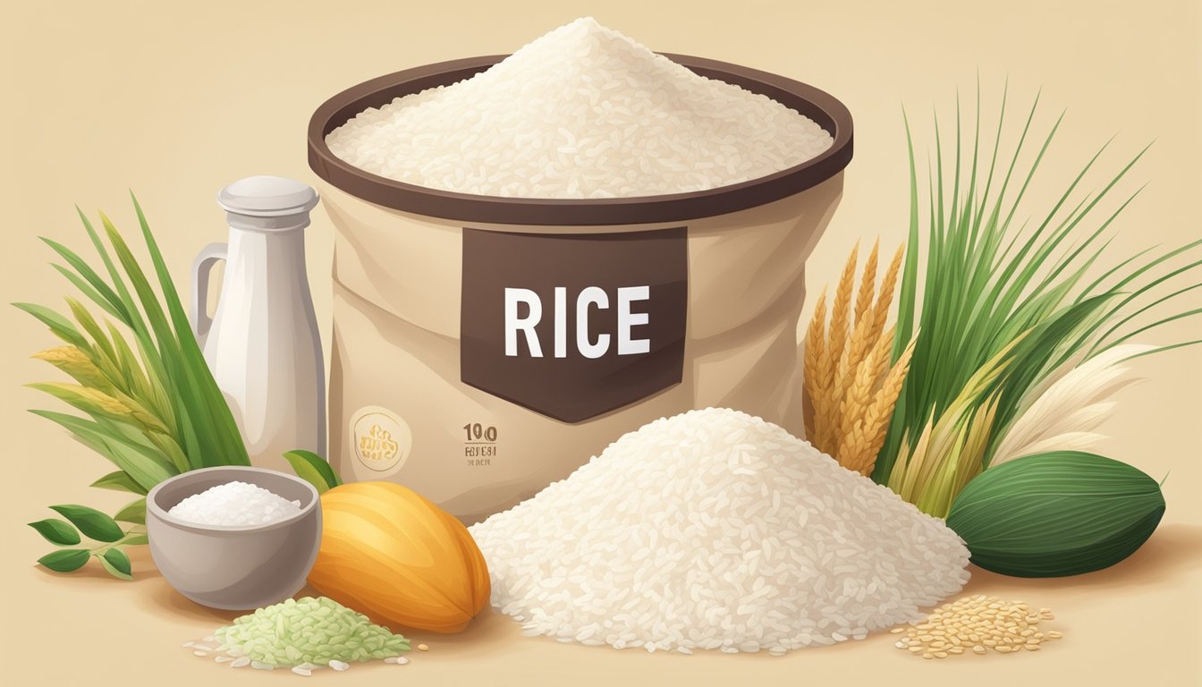 A bag of rice flour with a prominent expiration date, surrounded by fresh ingredients and a variety of alternative flours