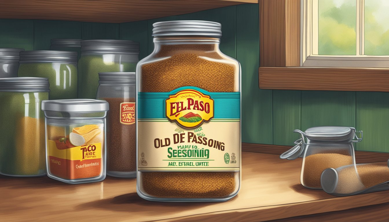 A dusty, half-empty jar of Old El Paso taco seasoning sits on a cluttered kitchen shelf, its expiration date long past