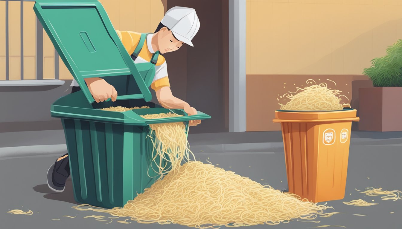 A person discarding expired rice noodles into a trash bin