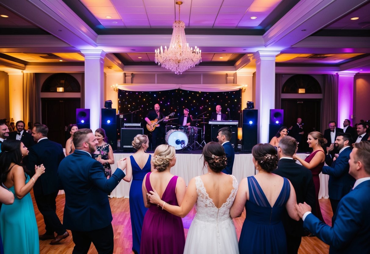 A lively wedding reception with a live band and DJ performing on stage, surrounded by dancing guests and colorful lights