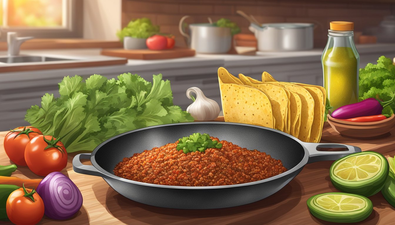 A colorful taco seasoning packet sits on a kitchen counter, surrounded by fresh vegetables and sizzling meat in a skillet