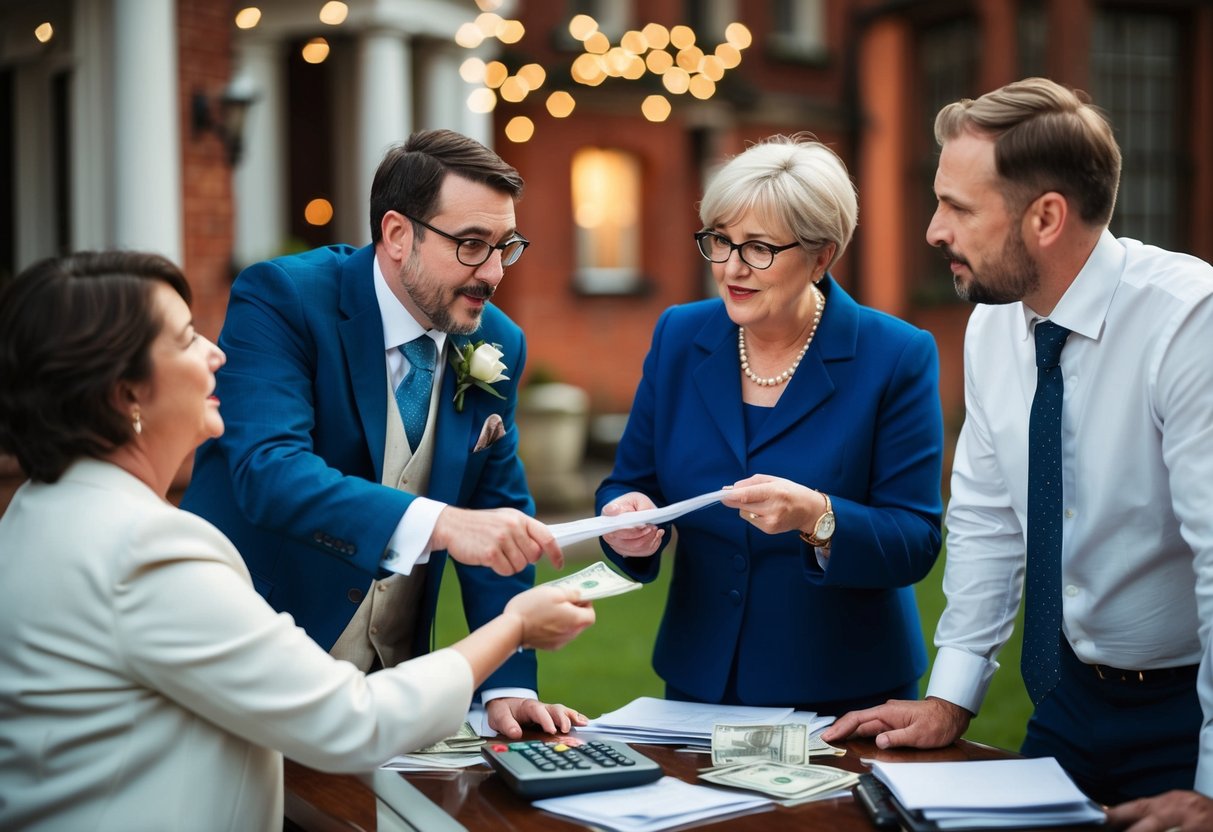 The groom's parents contribute to the wedding expenses in the UK. Illustrate a scene of financial transactions and family discussions