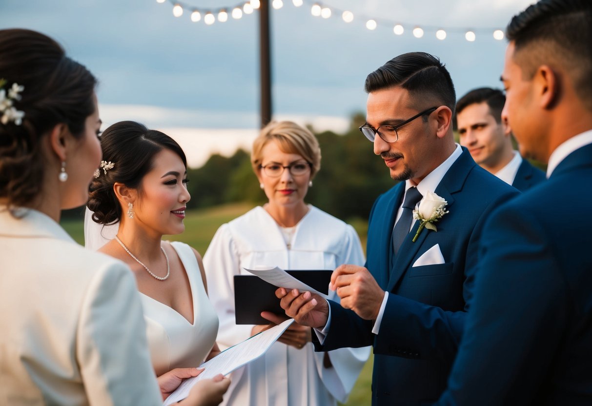 A wedding officiant checking identification of witnesses