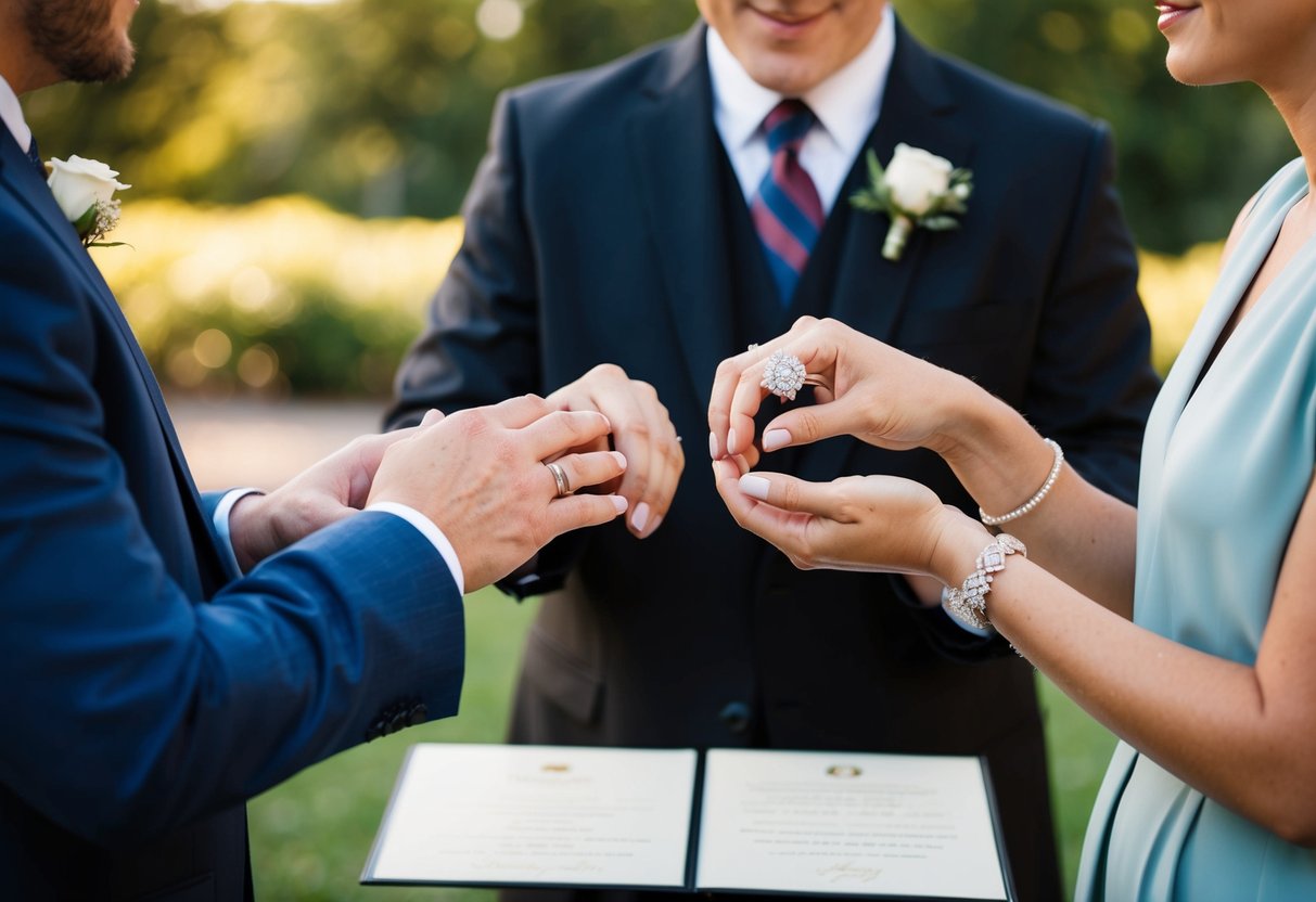Two people exchanging rings in front of an officiant, with two witnesses standing nearby