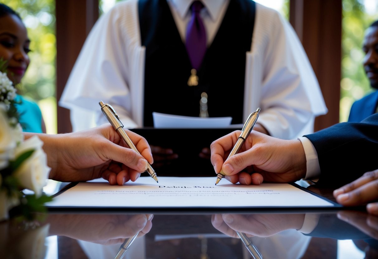 Two witnesses signing a wedding document in front of an officiant