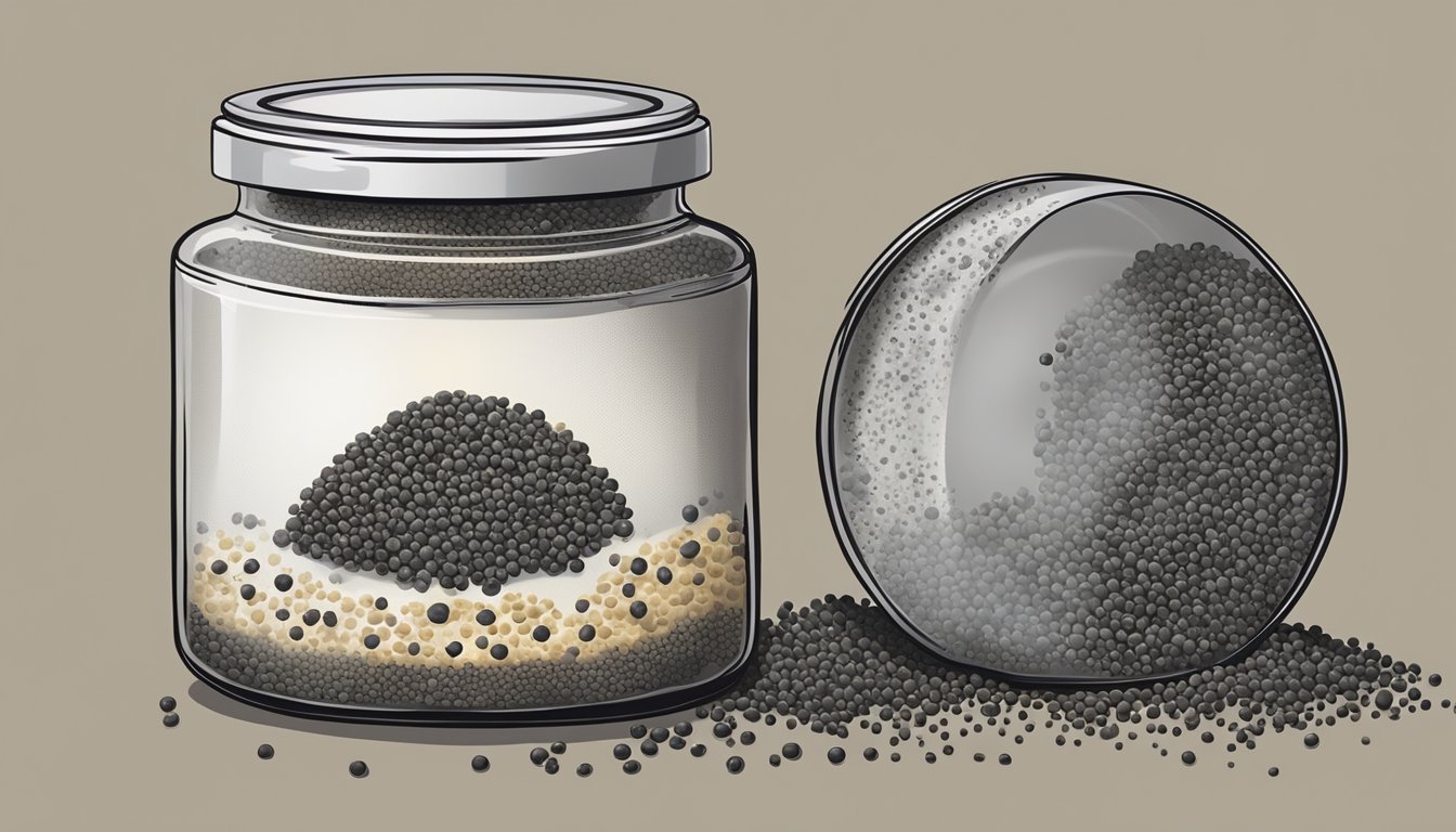 A jar of expired poppy seeds with visible mold growth and a musty smell