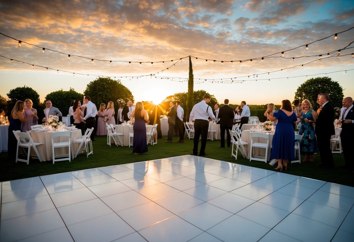 A decorated wedding venue with tables, chairs, and a dance floor. Guests mingle and celebrate as the sun sets outside