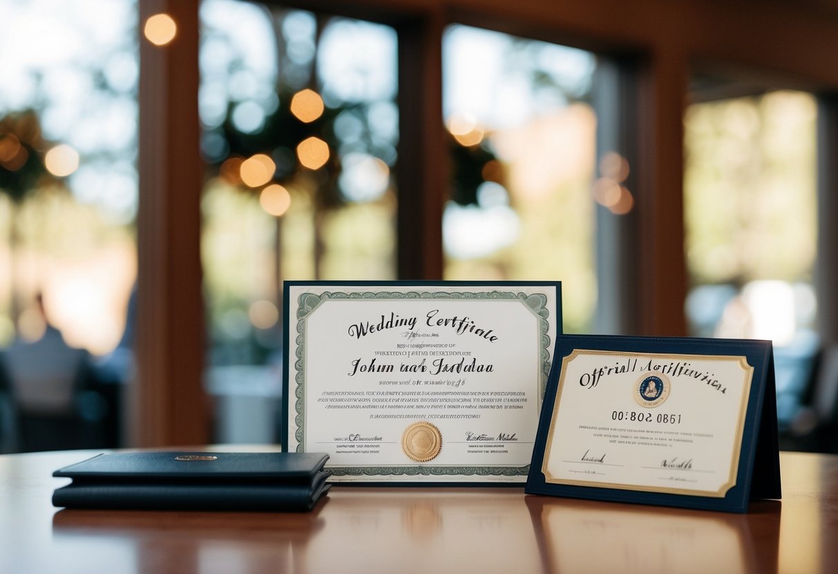 A wedding certificate and two official forms of identification on a table