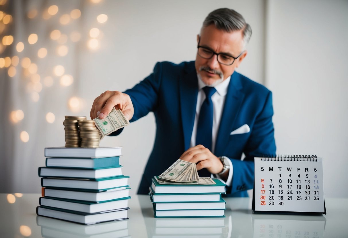 A father counting money on a table, next to a stack of wedding planning books and a calendar marked with the wedding date