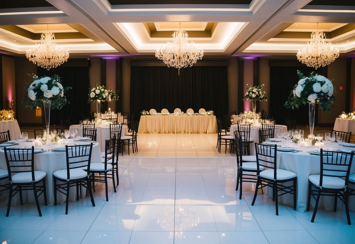 A beautifully decorated wedding reception venue with empty tables and chairs, dimmed lighting, and a dance floor in the center