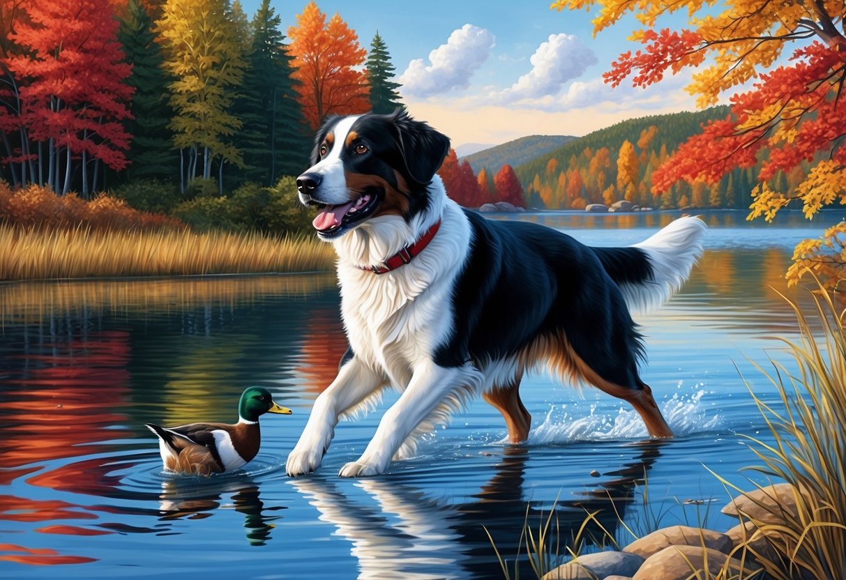 A Nova Scotia Duck Tolling Retriever dog playing by a calm lake, surrounded by vibrant autumn foliage