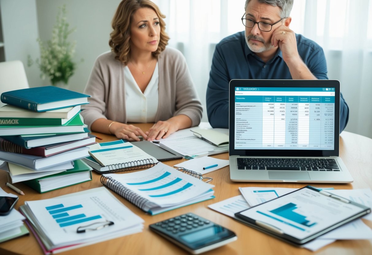 A table scattered with wedding planning books, financial documents, and a laptop displaying budget spreadsheets. A worried parent looks over the expenses