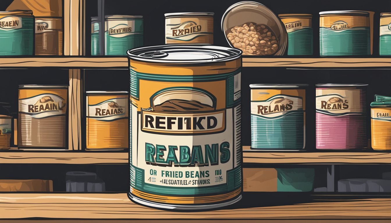 A can of refried beans sits on a shelf, surrounded by various expiration dates and storage conditions