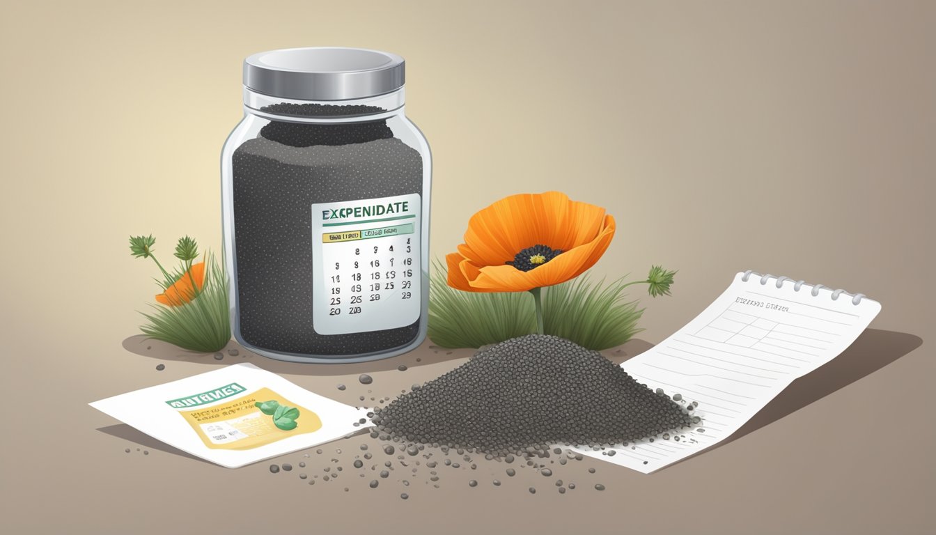 A pile of moldy poppy seeds next to a calendar showing an expired date. A warning label is peeling off the container